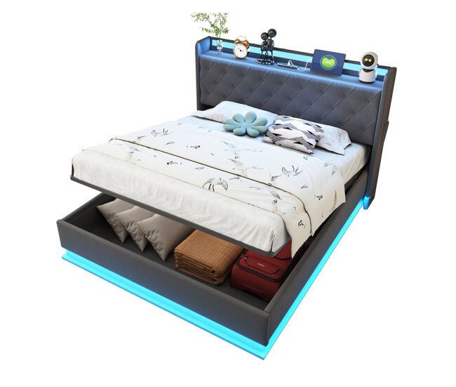 Cama de matrimonio de lino 140x200 cm con almacenaje y luz led,gris