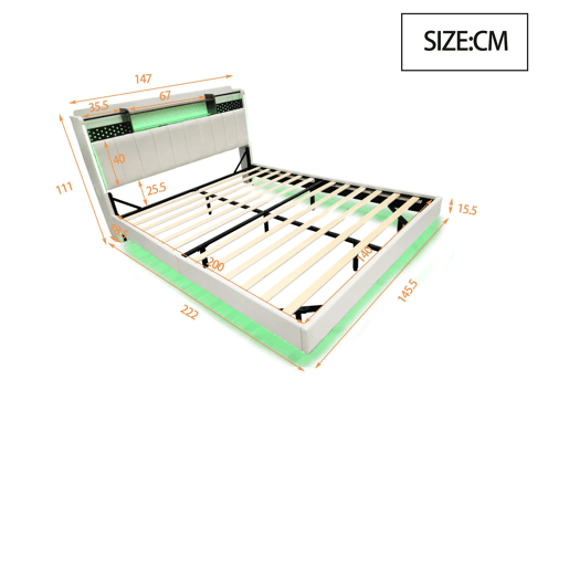 Cama de casal de linho 140x200 cm com luz led,bege