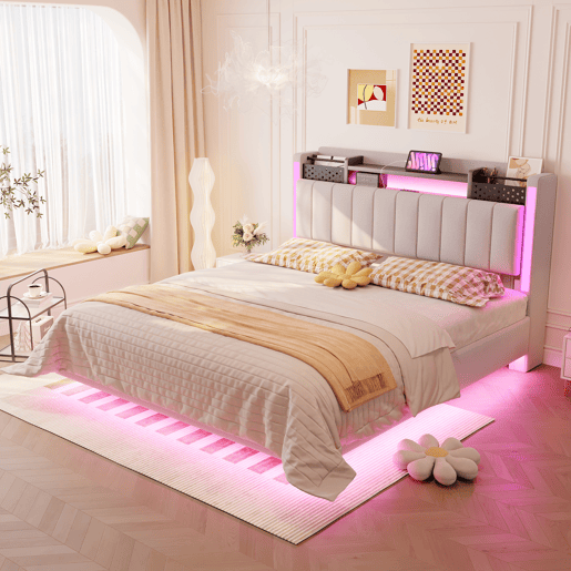 Cama de casal de linho 140x200 cm com luz led,bege