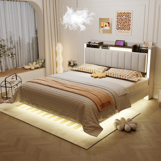 Cama de casal de linho 140x200 cm com luz led,bege