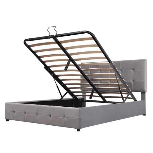 Cama de casal de veludo 140x200 cm com armazenamento,cinza Cama de casal de veludo 140x200 cm com armazenamento,cinza