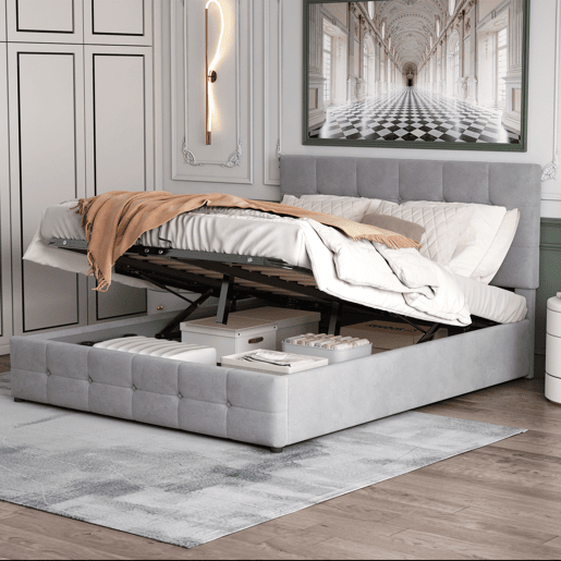 Cama de casal de veludo 140x200 cm com armazenamento,cinza Cama de casal de veludo 140x200 cm com armazenamento,cinza