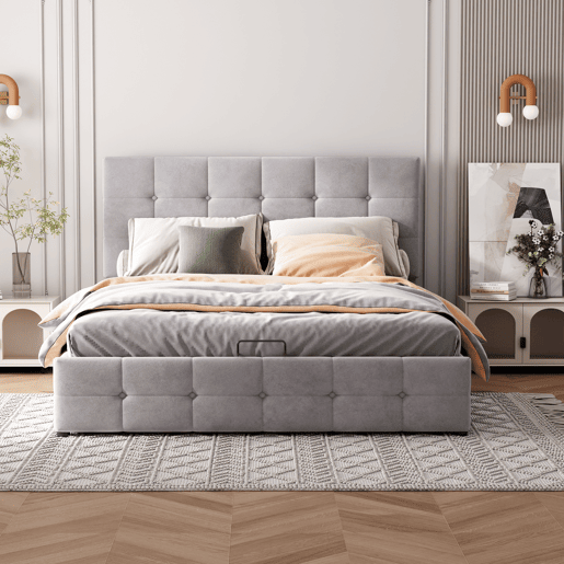 Cama de casal de veludo 140x200 cm com armazenamento,cinza Cama de casal de veludo 140x200 cm com armazenamento,cinza