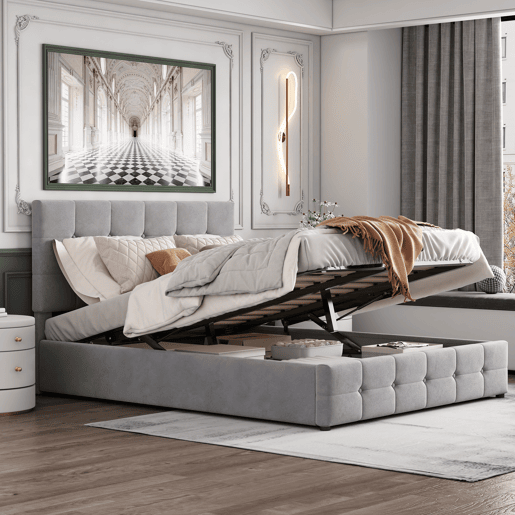 Cama de casal de veludo 140x200 cm com armazenamento,cinza Cama de casal de veludo 140x200 cm com armazenamento,cinza