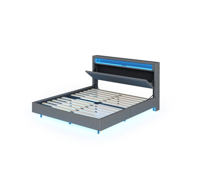 Cama de matrimonio de lino 160x200 cm con luz led,gris