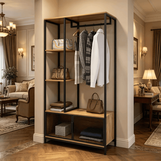Cabideiro de pé - Design aberto, organizador de roupa multifuncional para o quarto e a entrada - Preto e carvalho claro