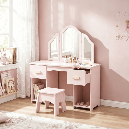 AIYAPLAY Penteadeira Infantil 2 em 1Secretária com Banco, 3 Espelhos Amovíveis, 2 Gavetas, 2 Armários e 6 Acessórios, +3 Anos, Rosa AIYAPLAY Penteadeira Infantil 2 em 1Secretária com Banco, 3 Espelhos Amovíveis, 2 Gavetas, 2 Armários e 6 Acessórios, +3 Anos, Rosa