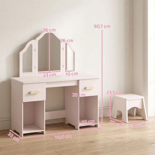 AIYAPLAY Penteadeira Infantil 2 em 1Secretária com Banco, 3 Espelhos Amovíveis, 2 Gavetas, 2 Armários e 6 Acessórios, +3 Anos, Rosa AIYAPLAY Penteadeira Infantil 2 em 1Secretária com Banco, 3 Espelhos Amovíveis, 2 Gavetas, 2 Armários e 6 Acessórios, +3 Anos, Rosa