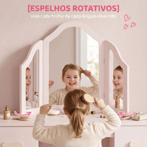 AIYAPLAY Penteadeira Infantil 2 em 1Secretária com Banco, 3 Espelhos Amovíveis, 2 Gavetas, 2 Armários e 6 Acessórios, +3 Anos, Rosa AIYAPLAY Penteadeira Infantil 2 em 1Secretária com Banco, 3 Espelhos Amovíveis, 2 Gavetas, 2 Armários e 6 Acessórios, +3 Anos, Rosa