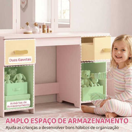 AIYAPLAY Penteadeira Infantil 2 em 1Secretária com Banco, 3 Espelhos Amovíveis, 2 Gavetas, 2 Armários e 6 Acessórios, +3 Anos, Rosa AIYAPLAY Penteadeira Infantil 2 em 1Secretária com Banco, 3 Espelhos Amovíveis, 2 Gavetas, 2 Armários e 6 Acessórios, +3 Anos, Rosa