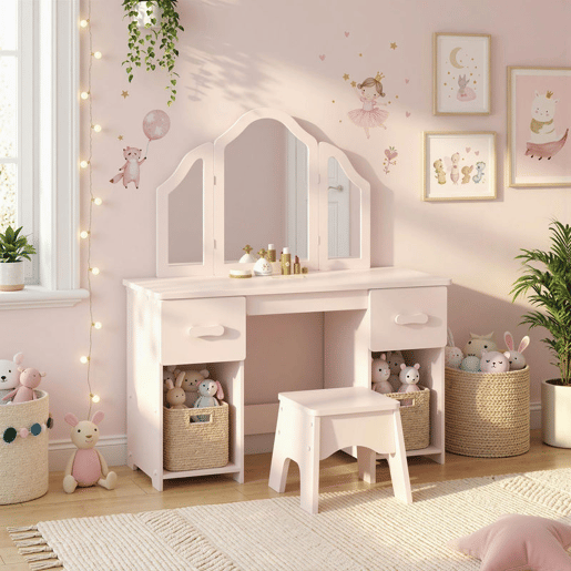 AIYAPLAY Penteadeira Infantil 2 em 1Secretária com Banco, 3 Espelhos Amovíveis, 2 Gavetas, 2 Armários e 6 Acessórios, +3 Anos, Rosa AIYAPLAY Penteadeira Infantil 2 em 1Secretária com Banco, 3 Espelhos Amovíveis, 2 Gavetas, 2 Armários e 6 Acessórios, +3 Anos, Rosa