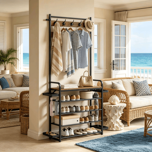 Cabideiro com prateleiras - Design aberto e elegante para a entrada - Preto e castanho rústico Cabideiro com prateleiras - Design aberto e elegante para a entrada - Preto e castanho rústico