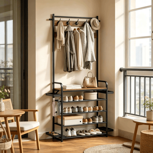 Cabideiro com prateleiras - Design aberto e elegante para a entrada - Preto e castanho rústico Cabideiro com prateleiras - Design aberto e elegante para a entrada - Preto e castanho rústico