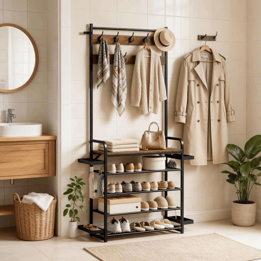 Cabideiro com prateleiras - Design aberto e elegante para a entrada - Preto e castanho rústico Cabideiro com prateleiras - Design aberto e elegante para a entrada - Preto e castanho rústico