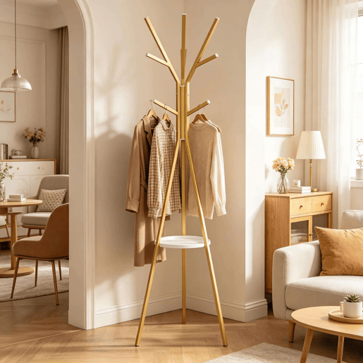 Cabideiro de pé 45,5 x 45,5 x 180 cm - Design elegante e moderno em forma de tripé - Dourado Cabideiro de pé 45,5 x 45,5 x 180 cm - Design elegante e moderno em forma de tripé - Dourado