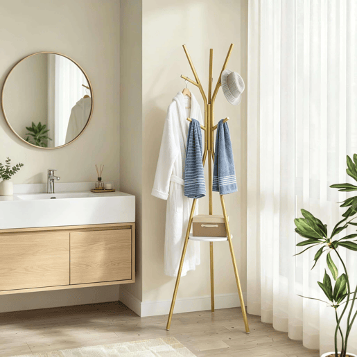 Cabideiro de pé 45,5 x 45,5 x 180 cm - Design elegante e moderno em forma de tripé - Dourado Cabideiro de pé 45,5 x 45,5 x 180 cm - Design elegante e moderno em forma de tripé - Dourado