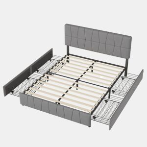 Cama 160x200cm, 4 gavetas, cama de casal, cama jovem, cama com caixa de arrumação, veludo, cinzento