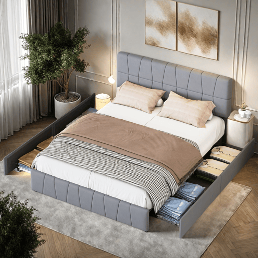 Cama 160x200cm, 4 gavetas, cama de casal, cama jovem, cama com caixa de arrumação, veludo, cinzento