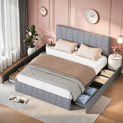 Cama 160x200cm, 4 gavetas, cama de casal, cama jovem, cama com caixa de arrumação, veludo, cinzento