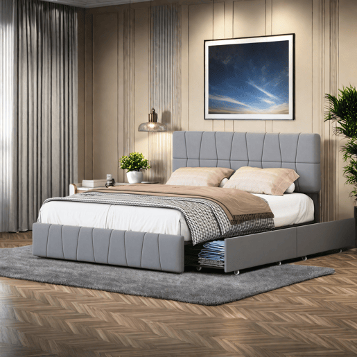 Cama 160x200cm, 4 gavetas, cama de casal, cama jovem, cama com caixa de arrumação, veludo, cinzento