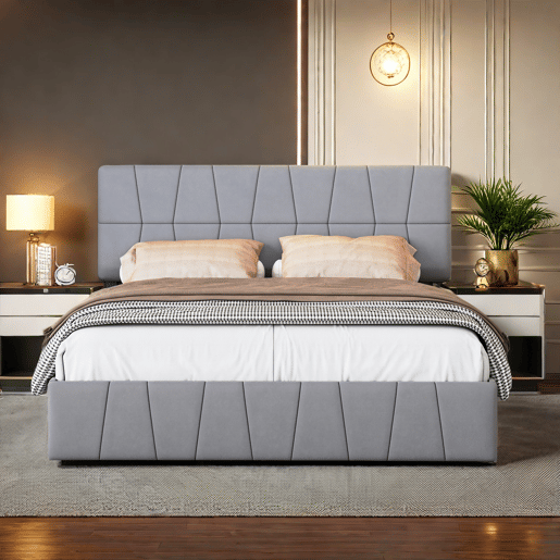Cama 160x200cm, 4 gavetas, cama de casal, cama jovem, cama com caixa de arrumação, veludo, cinzento