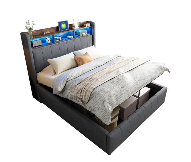 Cama de matrimonio de lino 140x200 cm con almacenaje y luz led,gris
