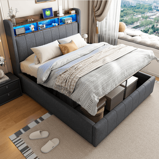 Cama de casal de linho 140x200 cm com armazenamento e luz led,cinza Cama de casal de linho 140x200 cm com armazenamento e luz led,cinza