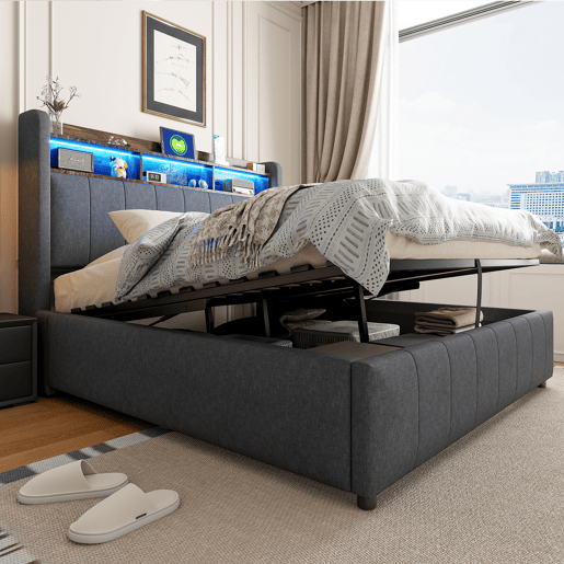 Cama de casal de linho 140x200 cm com armazenamento e luz led,cinza Cama de casal de linho 140x200 cm com armazenamento e luz led,cinza