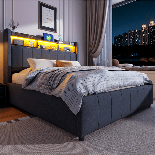 Cama de casal de linho 140x200 cm com armazenamento e luz led,cinza Cama de casal de linho 140x200 cm com armazenamento e luz led,cinza