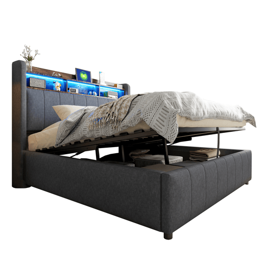 Cama de casal de linho 140x200 cm com armazenamento e luz led,cinza Cama de casal de linho 140x200 cm com armazenamento e luz led,cinza
