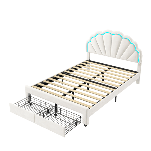 Cama 140x200 cm, cama de casal, LED, gavetas, estrutura de cama, Branco Cama 140x200 cm, cama de casal, LED, gavetas, estrutura de cama, Branco