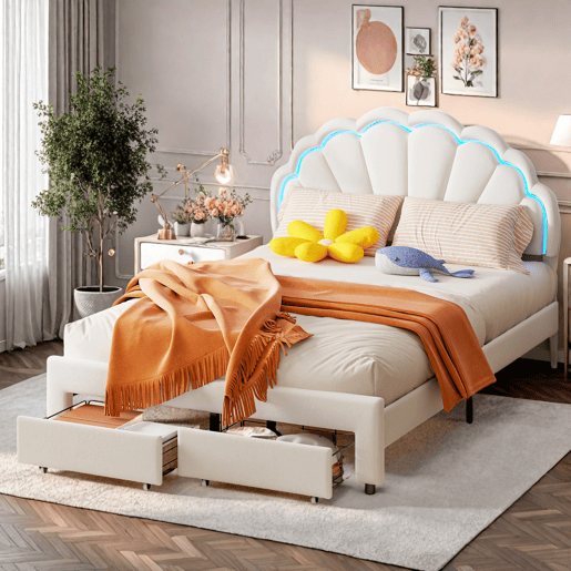 Cama 140x200 cm, cama de casal, LED, gavetas, estrutura de cama, Branco Cama 140x200 cm, cama de casal, LED, gavetas, estrutura de cama, Branco