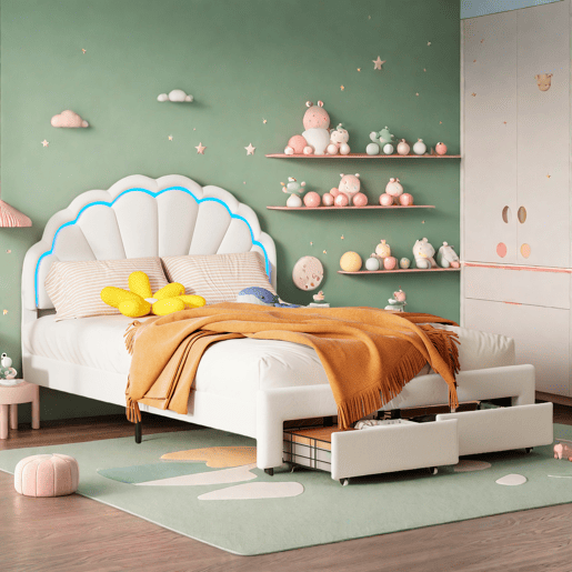 Cama 140x200 cm, cama de casal, LED, gavetas, estrutura de cama, Branco Cama 140x200 cm, cama de casal, LED, gavetas, estrutura de cama, Branco