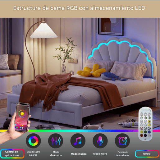 Cama 140x200 cm, cama de casal, LED, gavetas, estrutura de cama, Branco Cama 140x200 cm, cama de casal, LED, gavetas, estrutura de cama, Branco