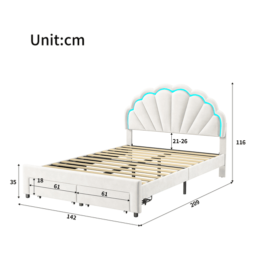 Cama 140x200 cm, cama de casal, LED, gavetas, estrutura de cama, Branco Cama 140x200 cm, cama de casal, LED, gavetas, estrutura de cama, Branco