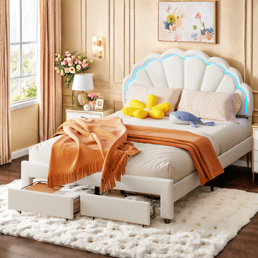 Cama 140x200 cm, cama de casal, LED, gavetas, estrutura de cama, Branco Cama 140x200 cm, cama de casal, LED, gavetas, estrutura de cama, Branco