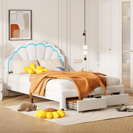 Cama 140x200 cm, cama de casal, LED, gavetas, estrutura de cama, Branco Cama 140x200 cm, cama de casal, LED, gavetas, estrutura de cama, Branco