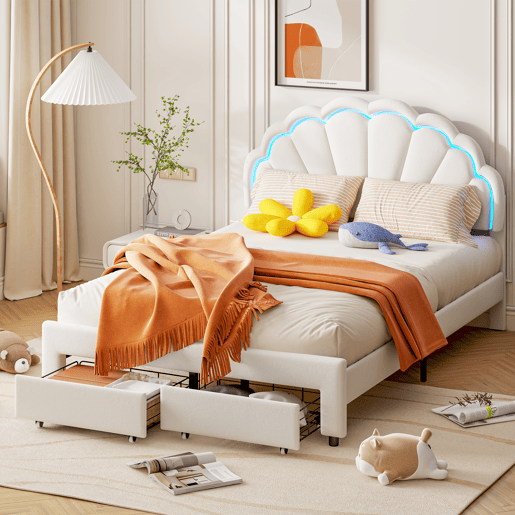 Cama 140x200 cm, cama de casal, LED, gavetas, estrutura de cama, Branco Cama 140x200 cm, cama de casal, LED, gavetas, estrutura de cama, Branco