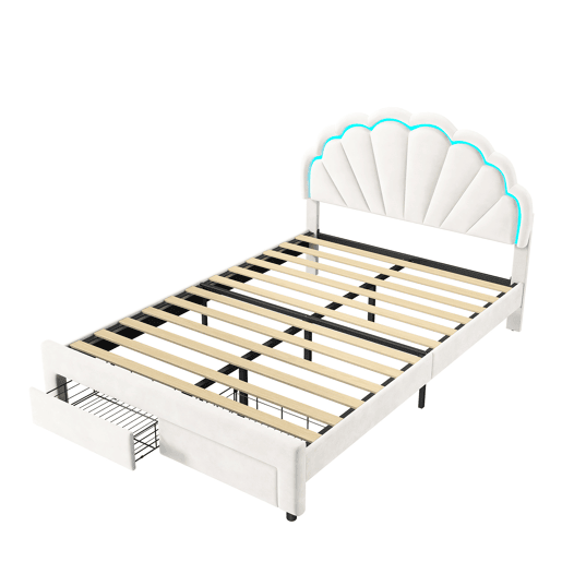 Cama 140x200 cm, cama de casal, LED, gavetas, estrutura de cama, Branco Cama 140x200 cm, cama de casal, LED, gavetas, estrutura de cama, Branco
