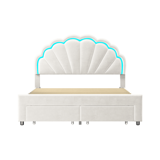 Cama 140x200 cm, cama de casal, LED, gavetas, estrutura de cama, Branco Cama 140x200 cm, cama de casal, LED, gavetas, estrutura de cama, Branco