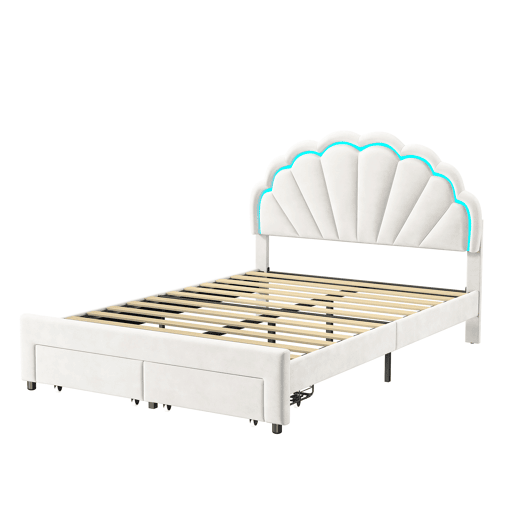Cama 140x200 cm, cama de casal, LED, gavetas, estrutura de cama, Branco Cama 140x200 cm, cama de casal, LED, gavetas, estrutura de cama, Branco