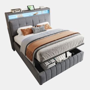 Cama de casal de linho 140x200 cm com armazenamento e luz led,cinza