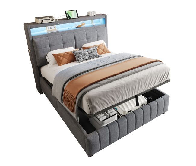 Cama de matrimonio de lino 140x200 cm con almacenaje y luz led,gris