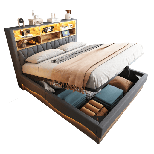 Cama de casal de linho 180x200 cm com armazenamento e luz led,cinza Cama de casal de linho 180x200 cm com armazenamento e luz led,cinza