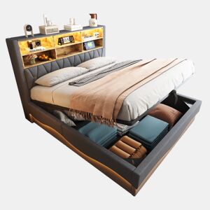 Cama de casal de linho 180x200 cm com armazenamento e luz led,cinza