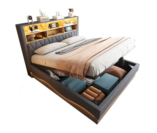 Cama de matrimonio de lino 180x200 cm con almacenaje y luz led,gris