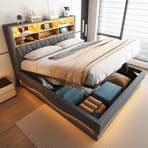 Cama de casal de linho 180x200 cm com armazenamento e luz led,cinza Cama de casal de linho 180x200 cm com armazenamento e luz led,cinza