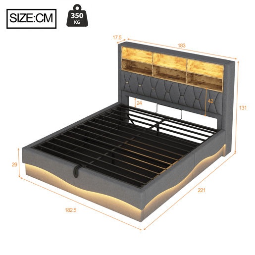 Cama de casal de linho 180x200 cm com armazenamento e luz led,cinza Cama de casal de linho 180x200 cm com armazenamento e luz led,cinza