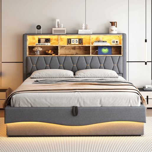 Cama de casal de linho 180x200 cm com armazenamento e luz led,cinza Cama de casal de linho 180x200 cm com armazenamento e luz led,cinza