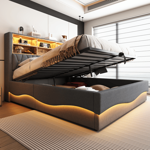 Cama de casal de linho 180x200 cm com armazenamento e luz led,cinza Cama de casal de linho 180x200 cm com armazenamento e luz led,cinza
